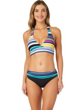 NWT Anne Cole Barcode Stripe Halter Bikini Top Swim Barcode Stripe Blue Multi S